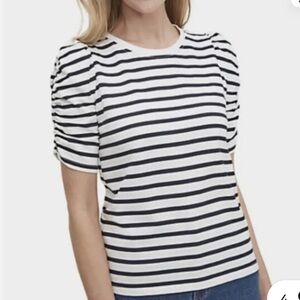 Kate Spade Striped Black & White Top Ruched Sleeve Cotton Top Size Large